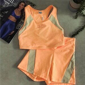 Orange and Tan Sports Bra and Shorts Set (Top Small, Bottoms XS)